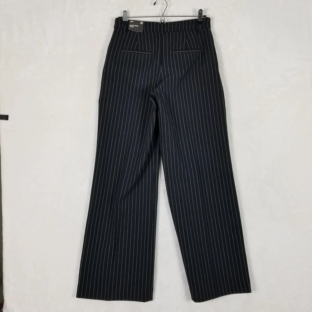 Express Relaxed Trouser Women 2R Black Pinstripe Editor Mid Rise Wide Leg Pant